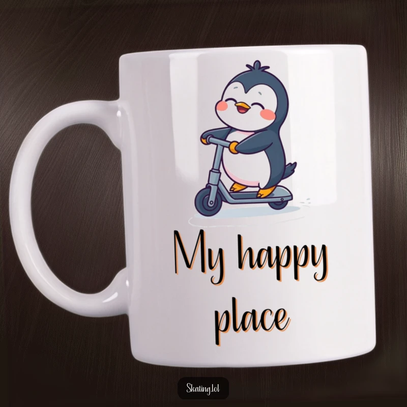 Funny Penguin Mug: Adorable penguin comically pushing a kick scooter with eyes closed in pure delight, perfect for a funny gift.