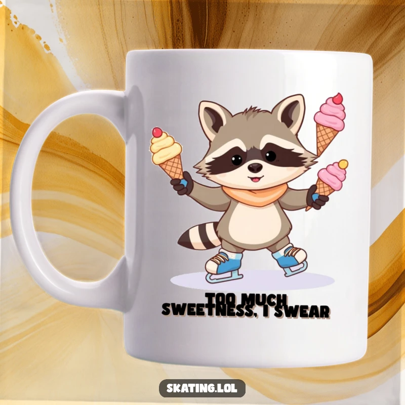 Funny mug with a mischievous raccoon skillfully juggling melting ice cream cones while wearing ice skates, a delightful and chaotic scene.