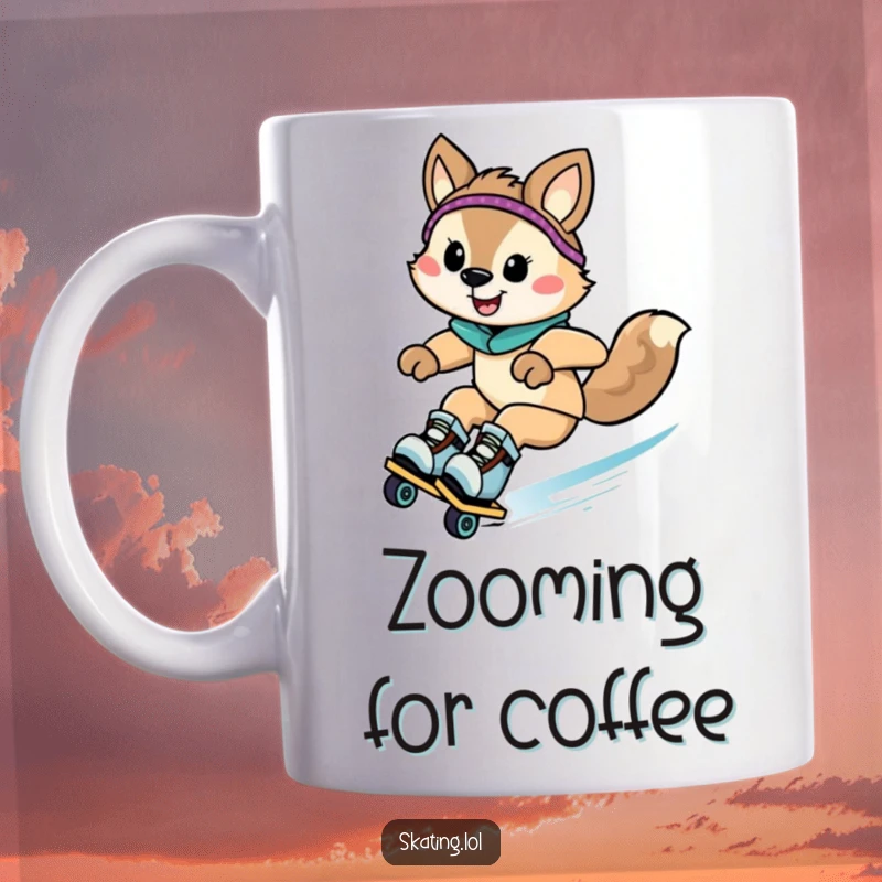 Funny animal character zooming downhill on rollerblades with a huge grin, captured on a mug for humorous enjoyment.