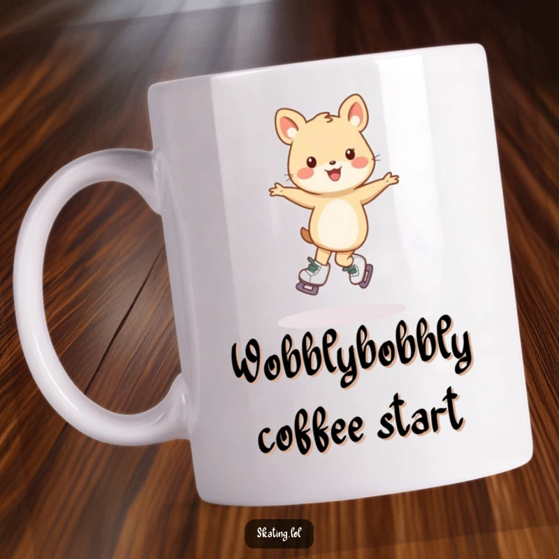 Funny mug featuring a small, joyful animal character attempting a wobbly pirouette on skates, full of determination and humor.