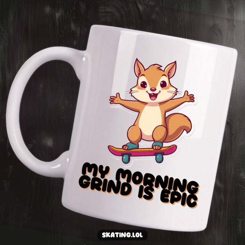 Funny squirrel in a skateboarder's helmet doing a fancy trick, looking confident and triumphant on a mug.