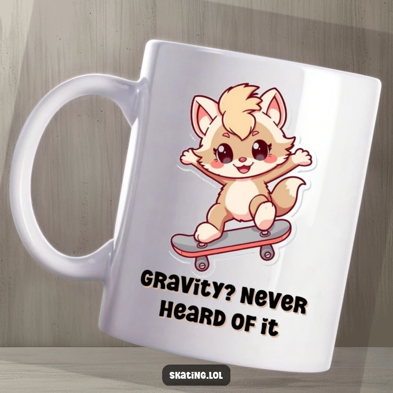 Funny Mug: Furry character with a smirk doing a kickflip on a skateboard, capturing the thrill of street skateboarding.