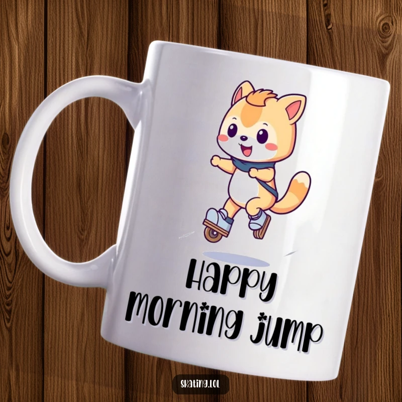 Funny Inline Skater Mug featuring a happy wheeled animal character doing a small jump on inline skates, embodying joy and motion.