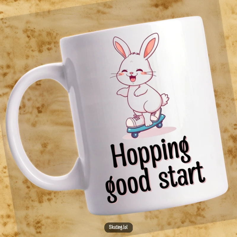 Funny giggling rabbit doing a playful spin on roller skates, mug design for skaters and cheerful people.