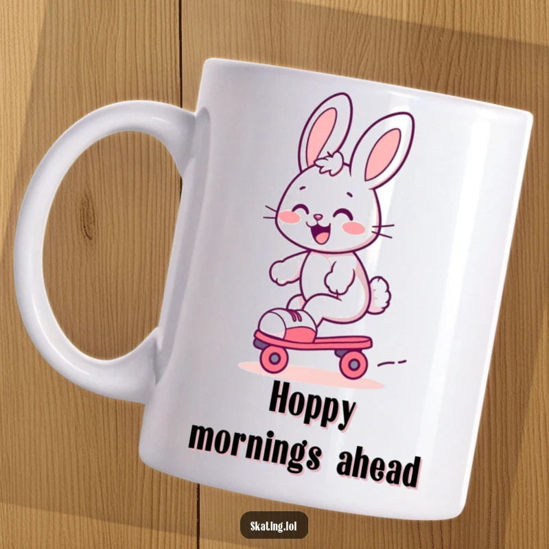 Funny bunny mug, a cute character gleefully gliding on roller skates with a big, joyful expression and happy vibes.