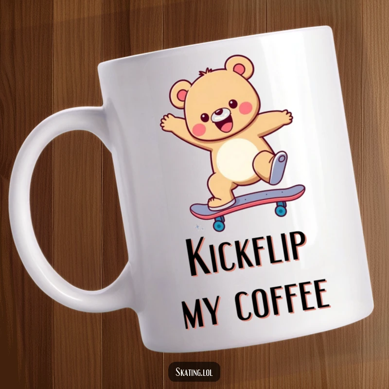 Funny Mug showing a happy bear character mid-air, executing a cool skateboard jump trick with a determined yet cheerful expression.