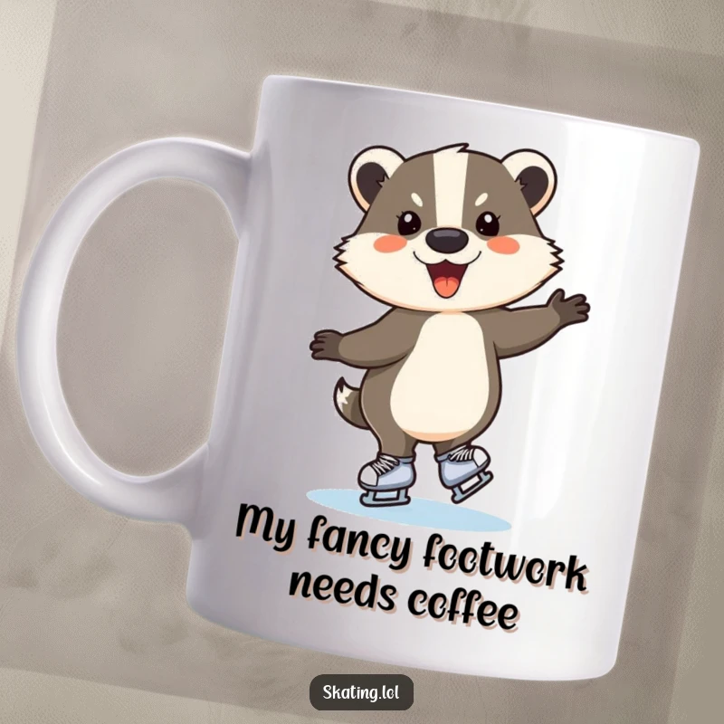 Funny ice skating badger mug, a cheerful arctic animal mid-spin with graceful leaps, perfect gift for skaters.