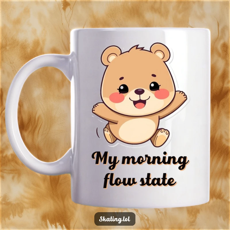 Funny mug featuring a happy bear with a determined grin, smoothly gliding along with pure joy and a cheerful expression.