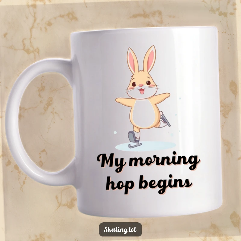 Funny mug showcasing a joyful arctic hare attempting energetic bunny hops while wearing ice skates, capturing winter delight.