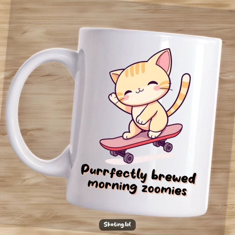 Funny cat character with tail high gliding smoothly on a skateboard, radiating pure joy and effortless cool, perfect for coffee lovers.