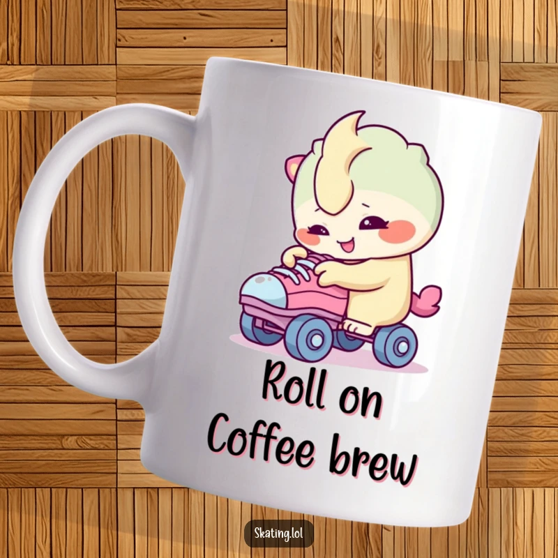 Funny mug featuring a smiling creature character curiously examining the wheels of their roller skates, showing wonder and engagement.