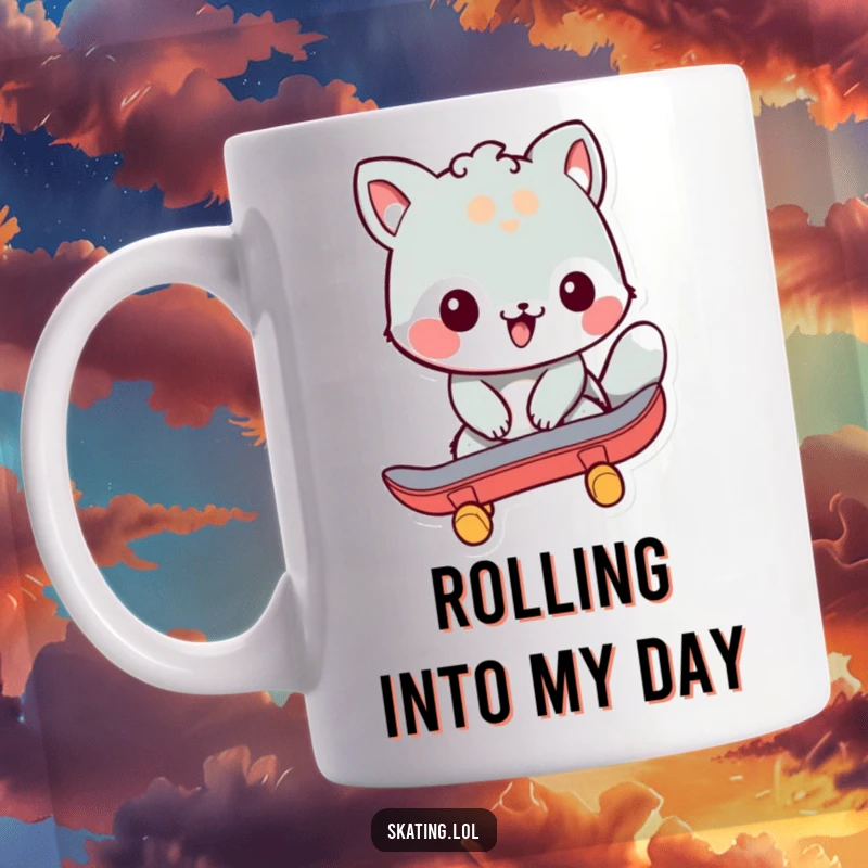 Funny mug featuring a friendly animal character pushing off with a skateboard, embodying the joy and humor of street skating.