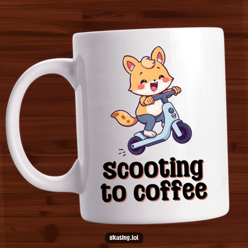 Cute animal character excitedly performing a trick on a scooter, captured on a mug for humorous enjoyment.