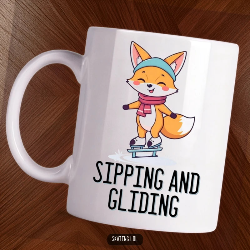 Funny Mug depicting a happy fox character smiling while perfectly balancing on a pair of ice skates, enjoying the glide.