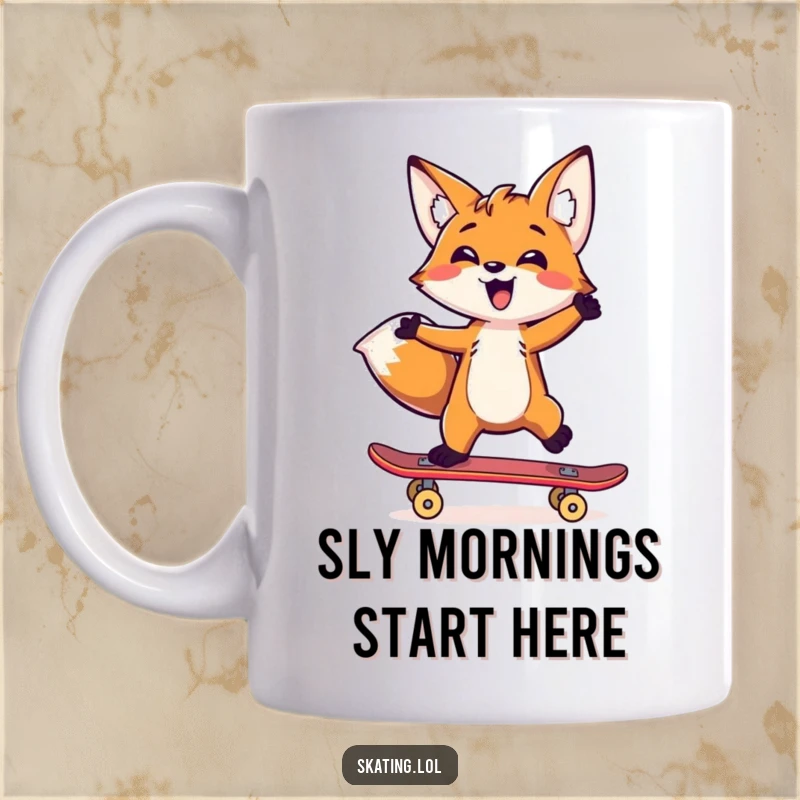 Funny fox balancing on a skateboard with one paw, depicted on a mug for skill and humor.