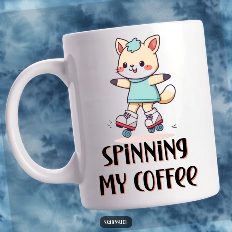 Funny playful animal character doing a spin on roller skates, depicted on a mug for humorous beverage enjoyment.