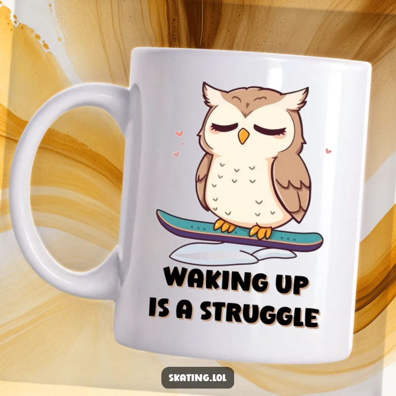 Funny mug showing a cute, dazed owl peacefully resting on a snowboard, capturing the essence of cozy winter relaxation.