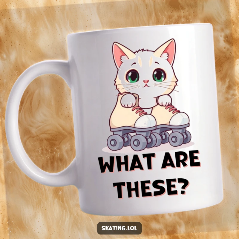 Funny surprised cat mug with a curious kitty peeking from behind roller skates, capturing a priceless moment of playful shock.
