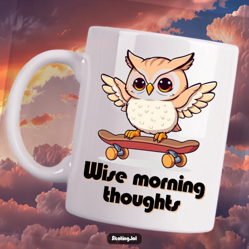 Funny Owl Skateboarder Mug: A curious owl cautiously steers a skateboard using its wings, looking intrigued.