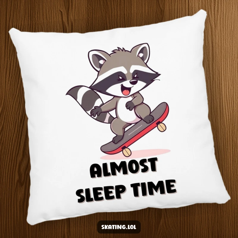 Funny, mischievous raccoon character mid-wobble on a skateboard, depicted on a soft pillow for humorous and cozy decor.
