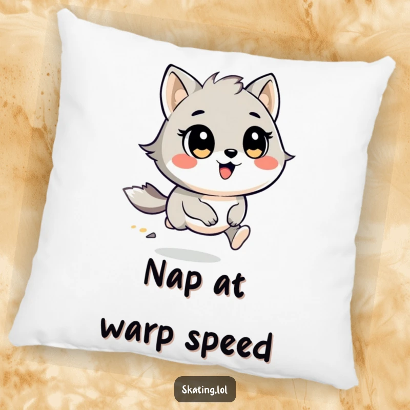 Funny Pillow: A round, cheerful animal character with wind in its fur, racing with joy, ideal for comfort.
