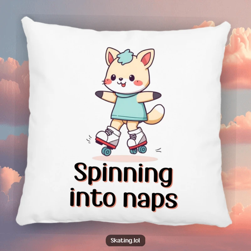 Funny playful animal character spinning on roller skates, featured on a soft pillow for humorous comfort and playful decor.