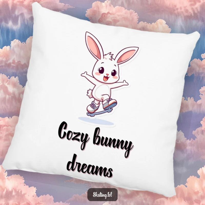 Funny pillow featuring a delighted bunny character bouncing and attempting a graceful spin on ice skates, offering cuddly comfort and joy.
