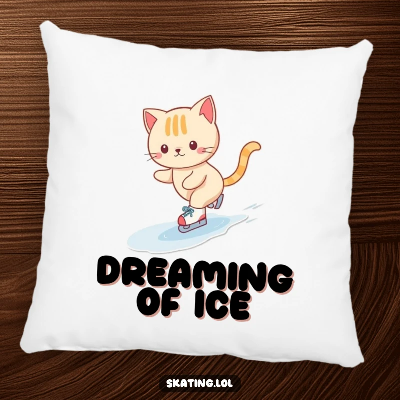 Funny pillow featuring a cute cat character gracefully ice skating on tiny skates in a happy swirl, offering cuddly comfort and charm.