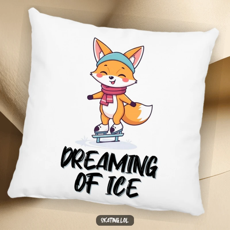 Funny Pillow featuring a happy fox smiling while balancing on ice skates, offering cozy winter comfort.