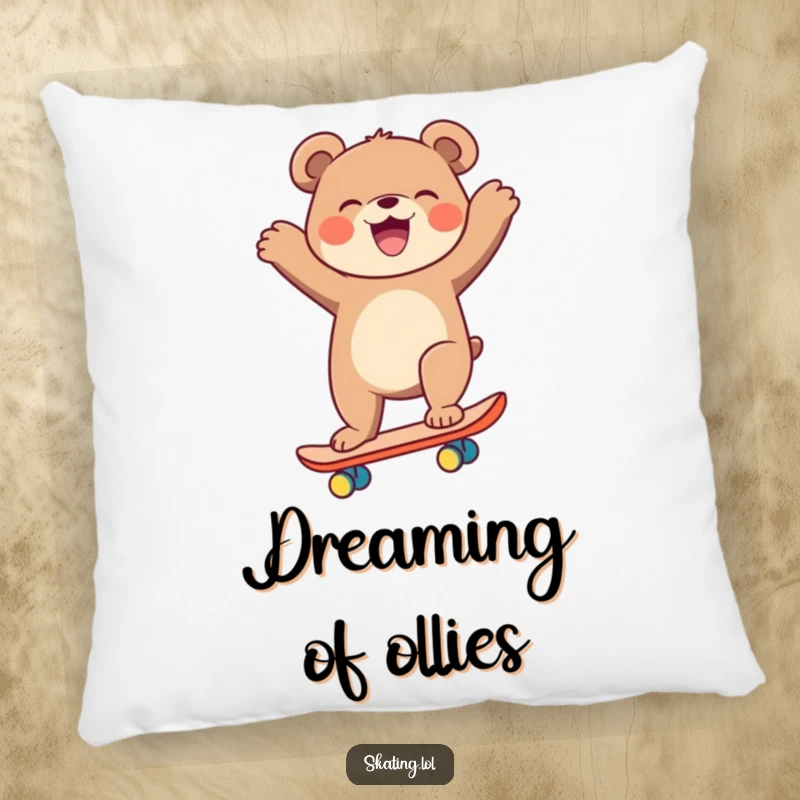 Funny laughing bear on a skateboard, arms flailing, plush pillow for a funny home gift.