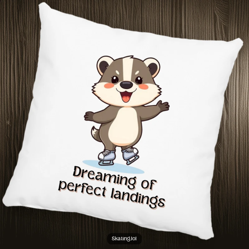 Funny ice skating badger pillow, a happy creature mid-skate, soft and humorous home accent, perfect funny gift.