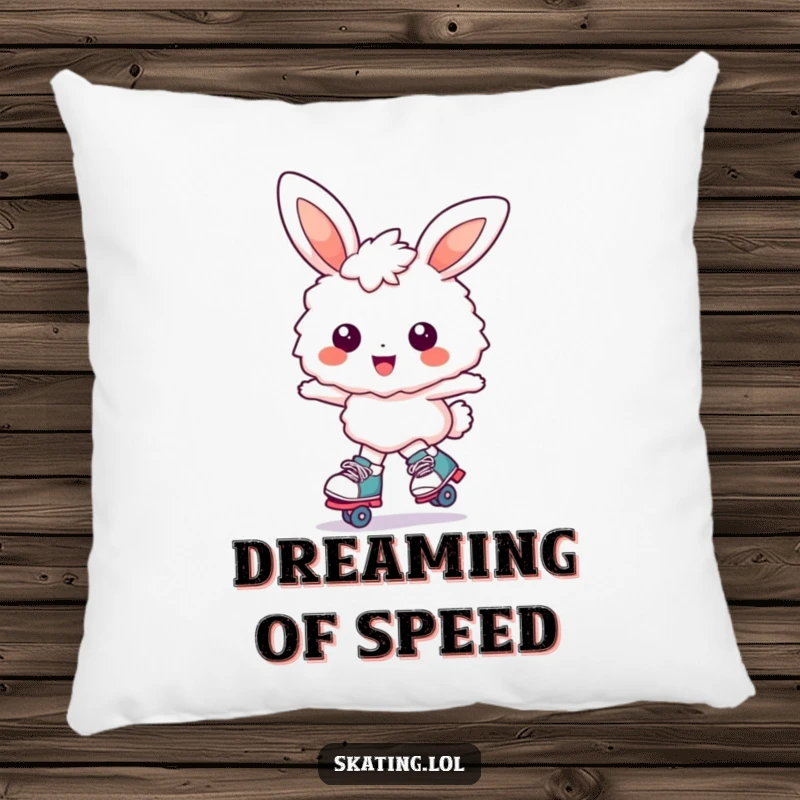 Funny bunny pillow: a fluffy bunny character joyfully glides on roller skates with a huge smile, soft and comforting.
