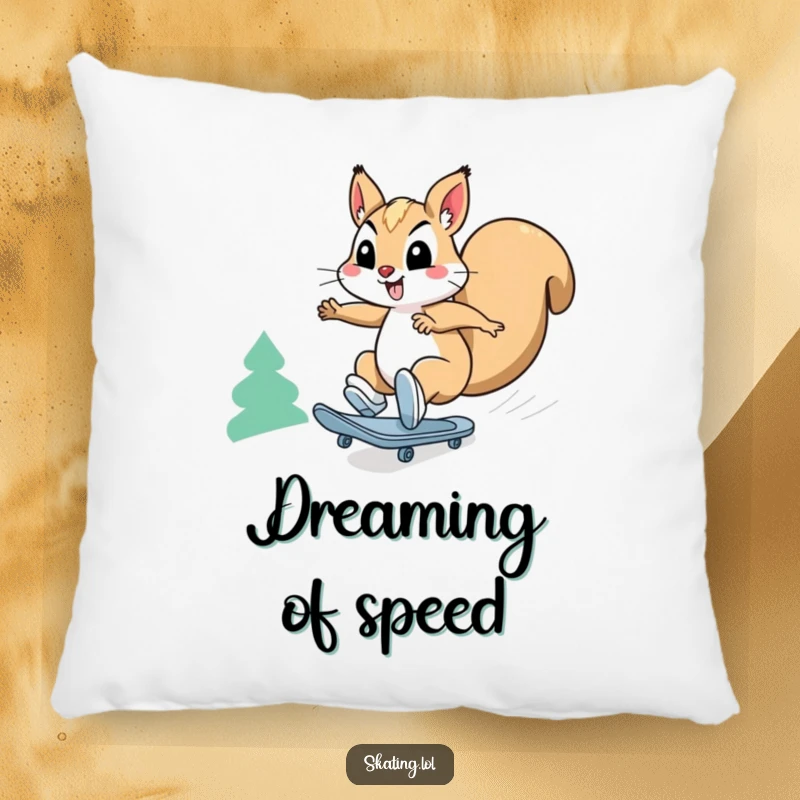 Funny squirrel pillow: a happy squirrel character comically skates downhill at breakneck speed, soft and energetic.