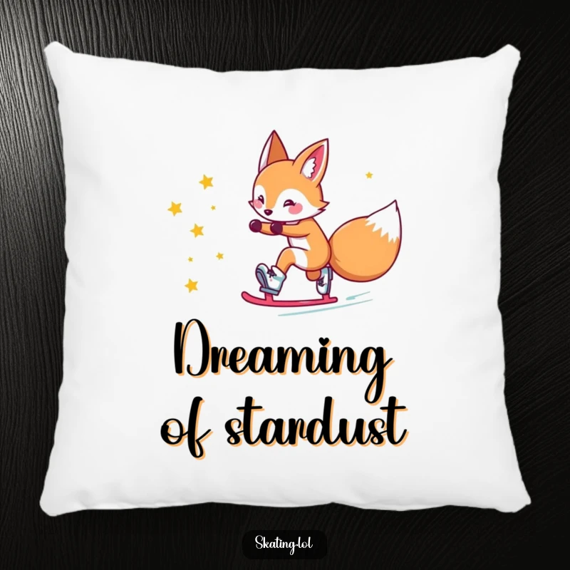 Funny fox pillow: a cute fox character comically slides on roller skates, leaving a trail of stars, soft and magical.