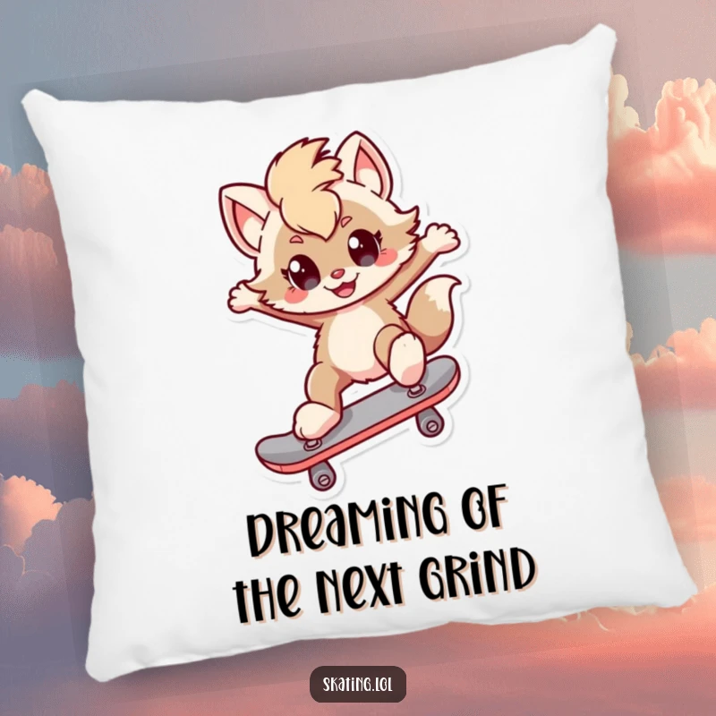 Funny Pillow: A furry character with a confident smirk performs a kickflip on a skateboard, perfect for lounging.