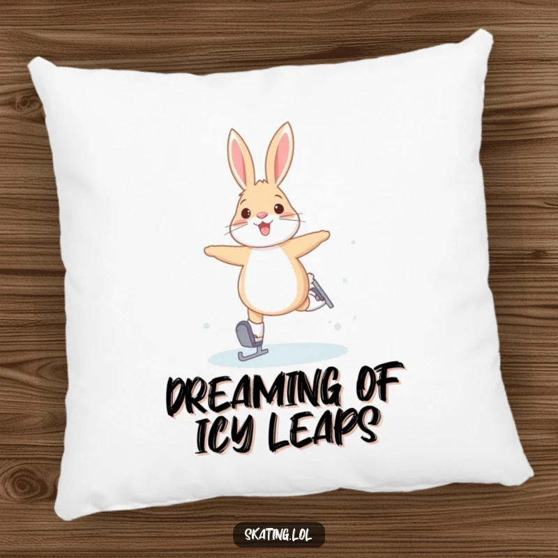 Funny pillow with a joyful arctic hare attempting bunny hops on ice skates, offering soft comfort and winter cheer.