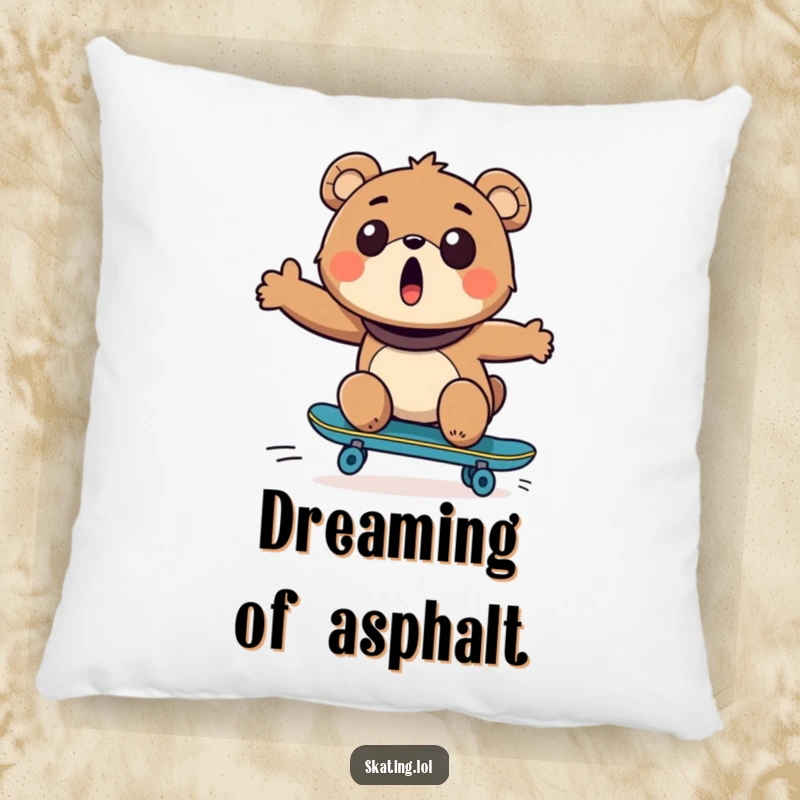 Funny Bear Skateboarder Pillow: A cute, surprised bear character balances on a skateboard, perfect for comfort.