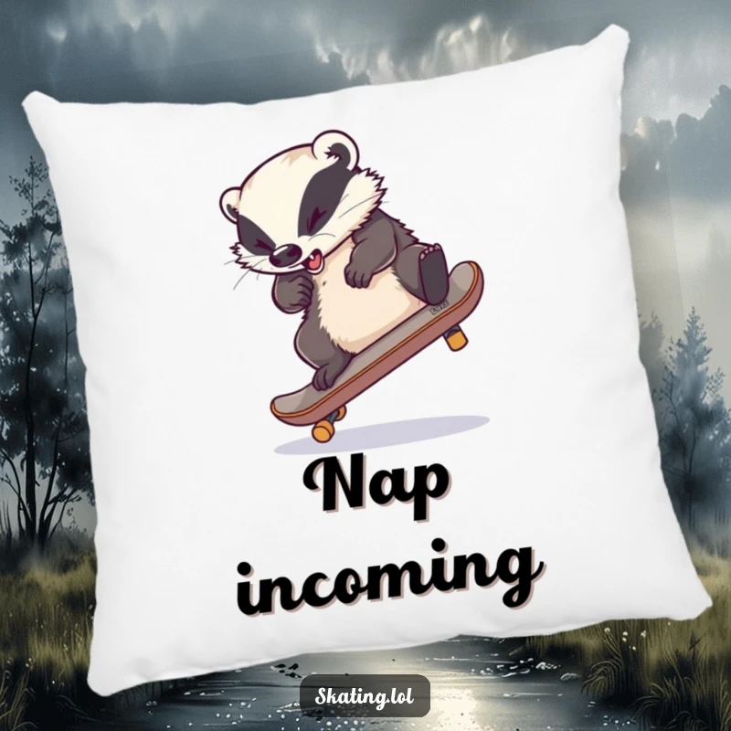 Funny pillow image of a clumsy badger tangled on a skateboard, mid-air, with legs in a comical knot, radiating fun.