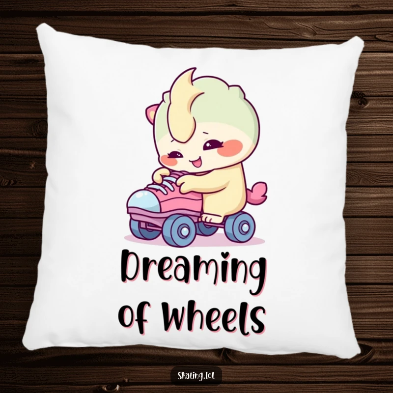 Funny pillow featuring a creature character smiling while curiously inspecting roller skate wheels, perfect for comfortable, humorous lounging.
