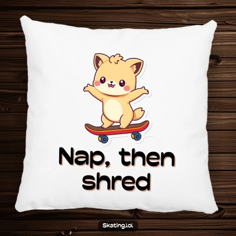 Funny pillow featuring a cute animal character skateboarding gracefully with arms outstretched, radiating fun and confidence.