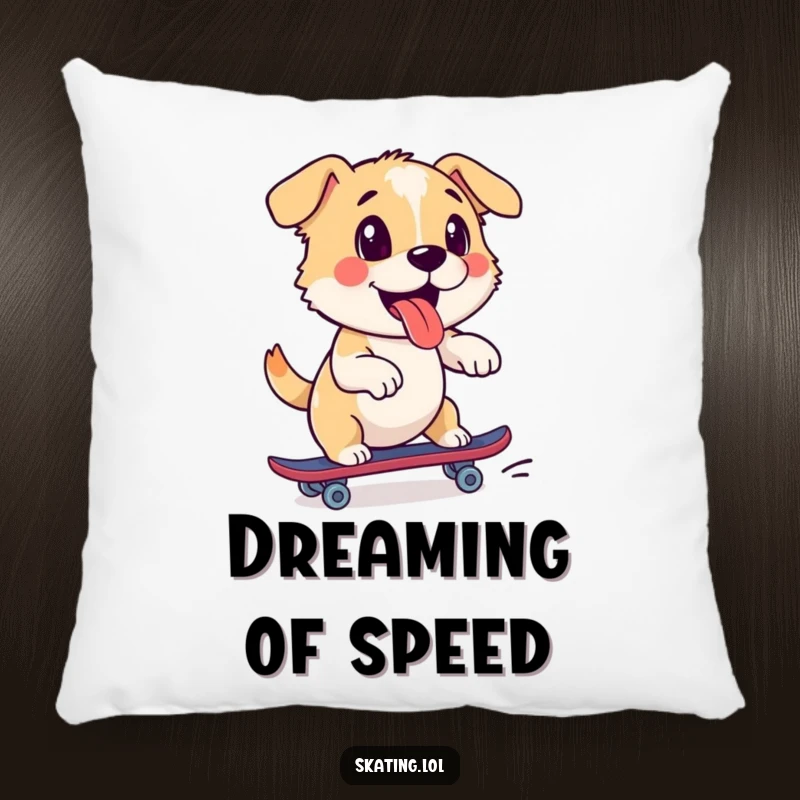 Funny dog pillow with a playful pup enthusiastically pushing off on a roller skate, adding a touch of energetic humor.