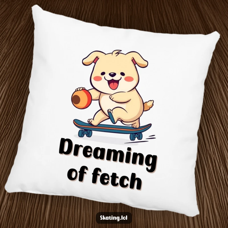 Funny, plump dog character chasing a ball on a skateboard, depicted on a soft pillow for humorous and cozy decor.