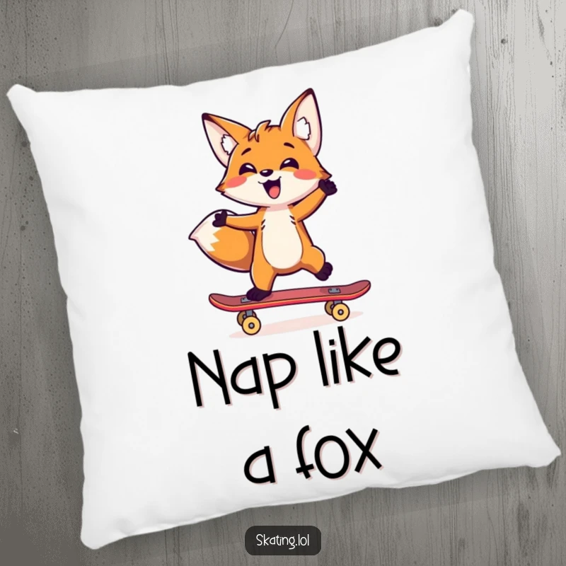 Funny fox character on a pillow, balancing on a skateboard with one paw, humorous decor.