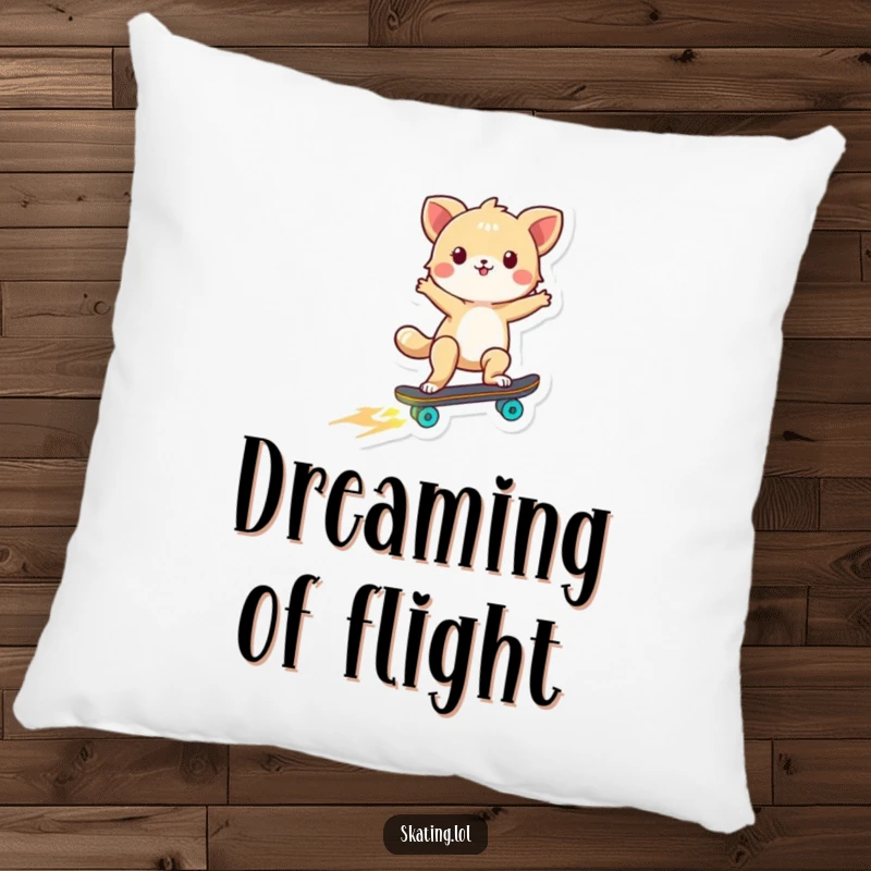 Funny decorative pillow showing a tiny energetic animal on a skateboard with luminous wheels, capturing a moment of pure fun.