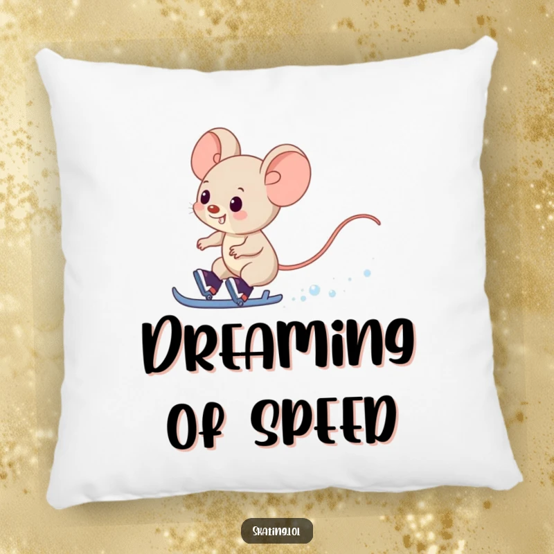 Funny Mouse Pillow: A giggling mouse character zips past on skates, leaving a snowy trail for cozy vibes.