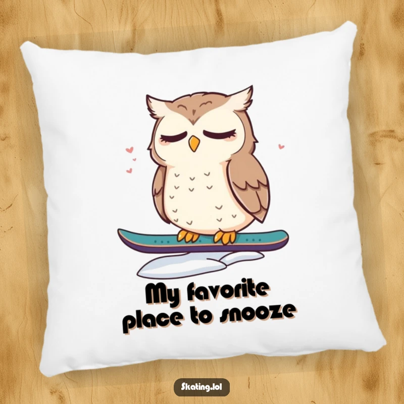 Funny pillow with a cute, dazed owl resting on a snowboard, offering soft comfort and a dose of sleepy charm.