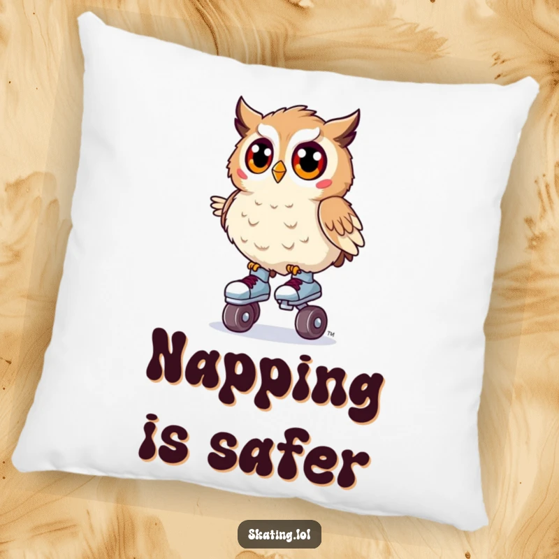 Funny pillow featuring a surprised owl wobbling on tiny roller skates, offering comfort and a touch of whimsical humor.