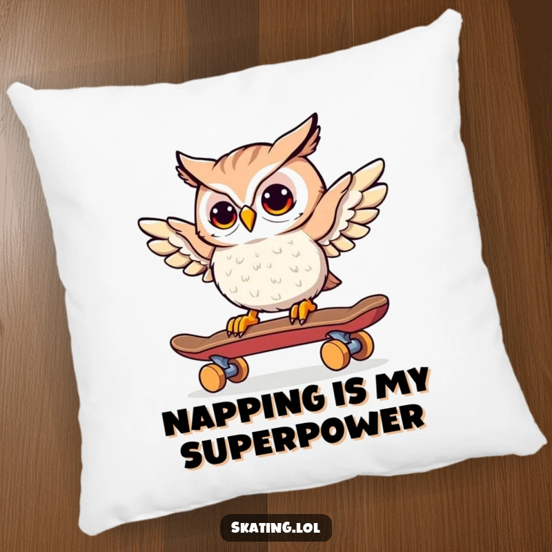 Funny Owl Skateboarder Pillow: A curious owl balances on a skateboard with its wings, offering soft comfort.