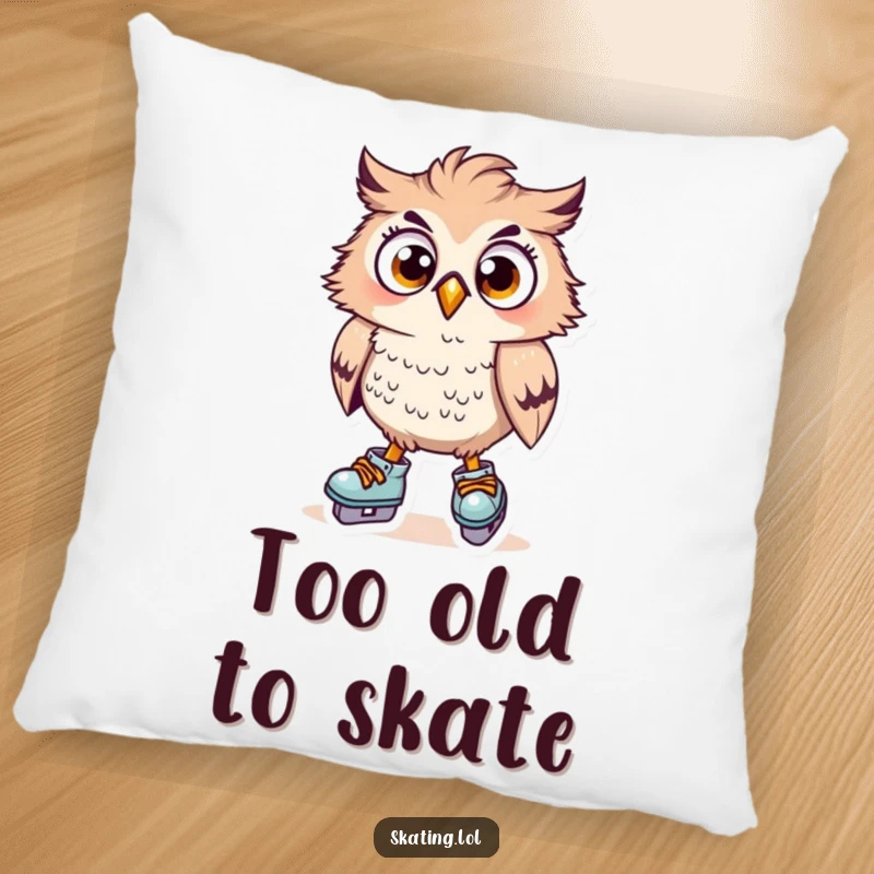 Funny owl character on skates, surprised expression, ruffled feathers, soft and cuddly, perfect funny gift.