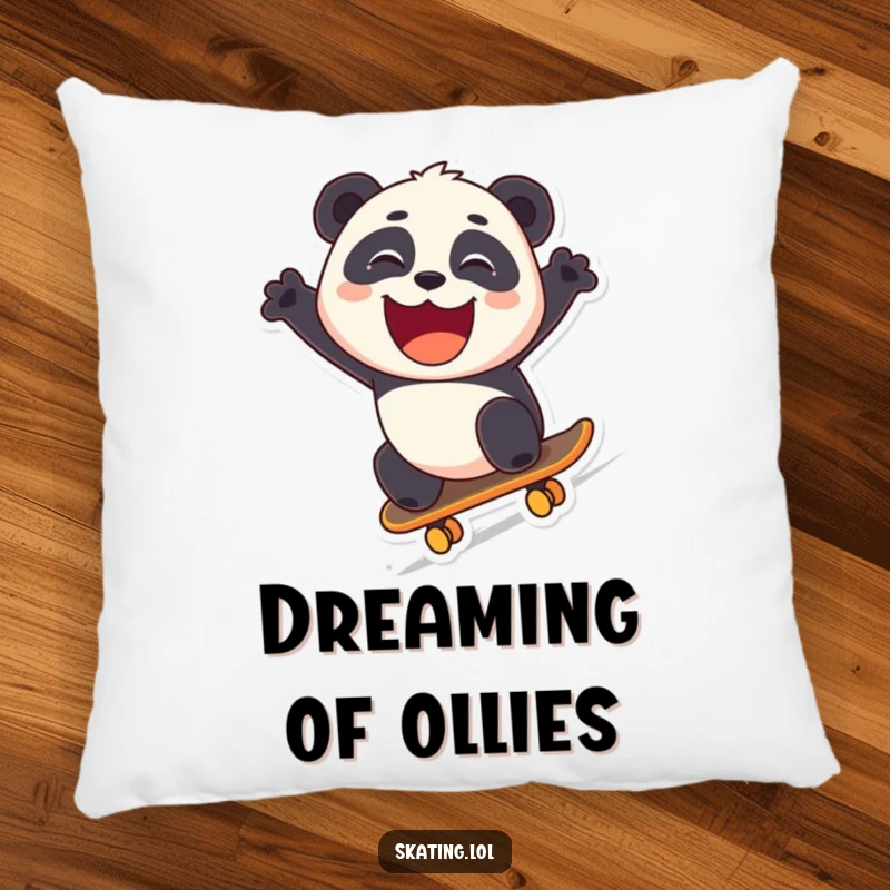 Funny panda character on a pillow, skateboarding downhill with a wide grin, humorous decor.